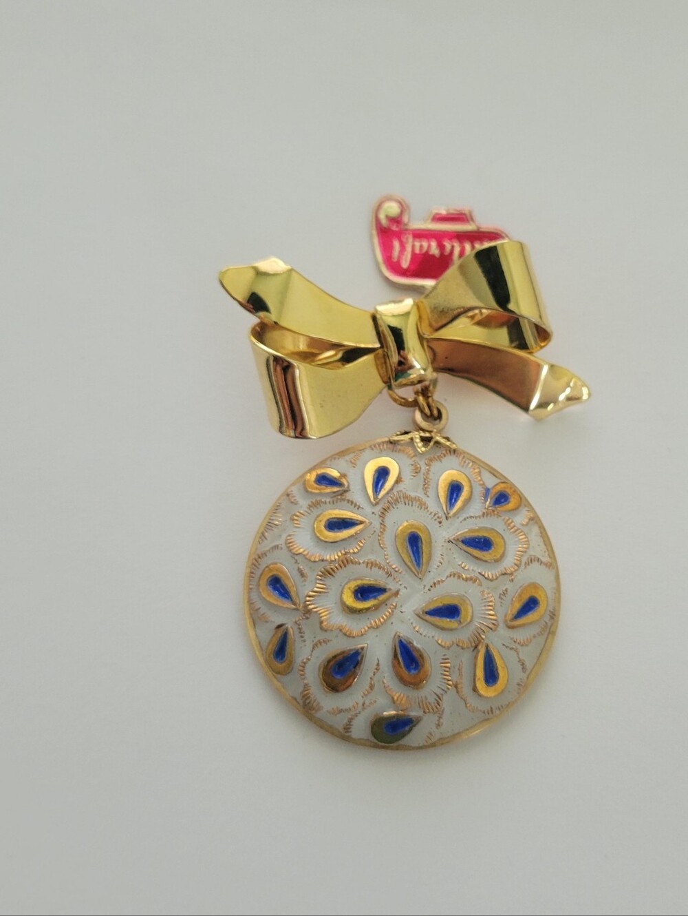 Vintage Brooch Pin Hillcraft Bow & Ceramic Cloisonne Dangle Charm New Retro